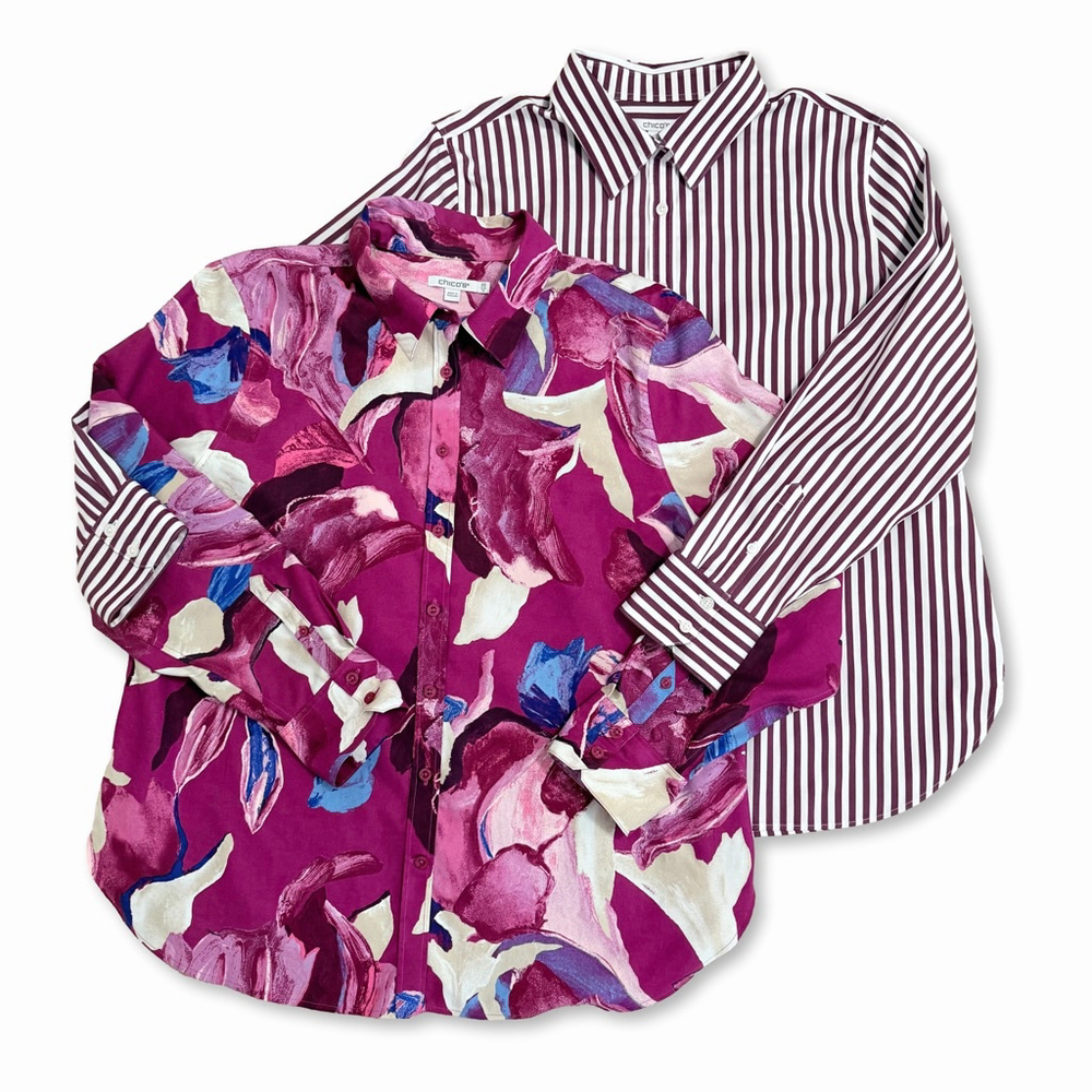 Chico's No Iron Button-up Shirt Bundle Purple Floral Paint Stripe Print Size 14
